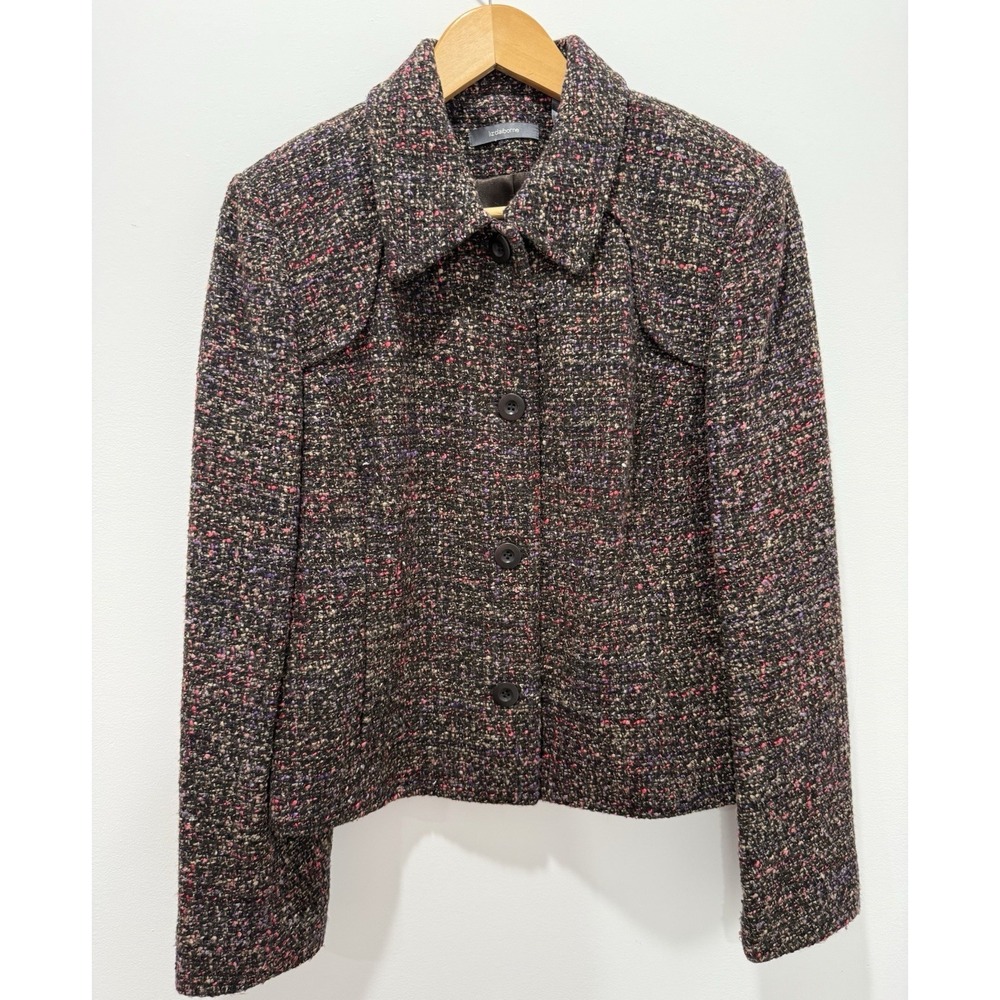 Liz Claiborne Jacket Womens 14‎ Tweed Wool Blazer Black Pink Boucle Parisian